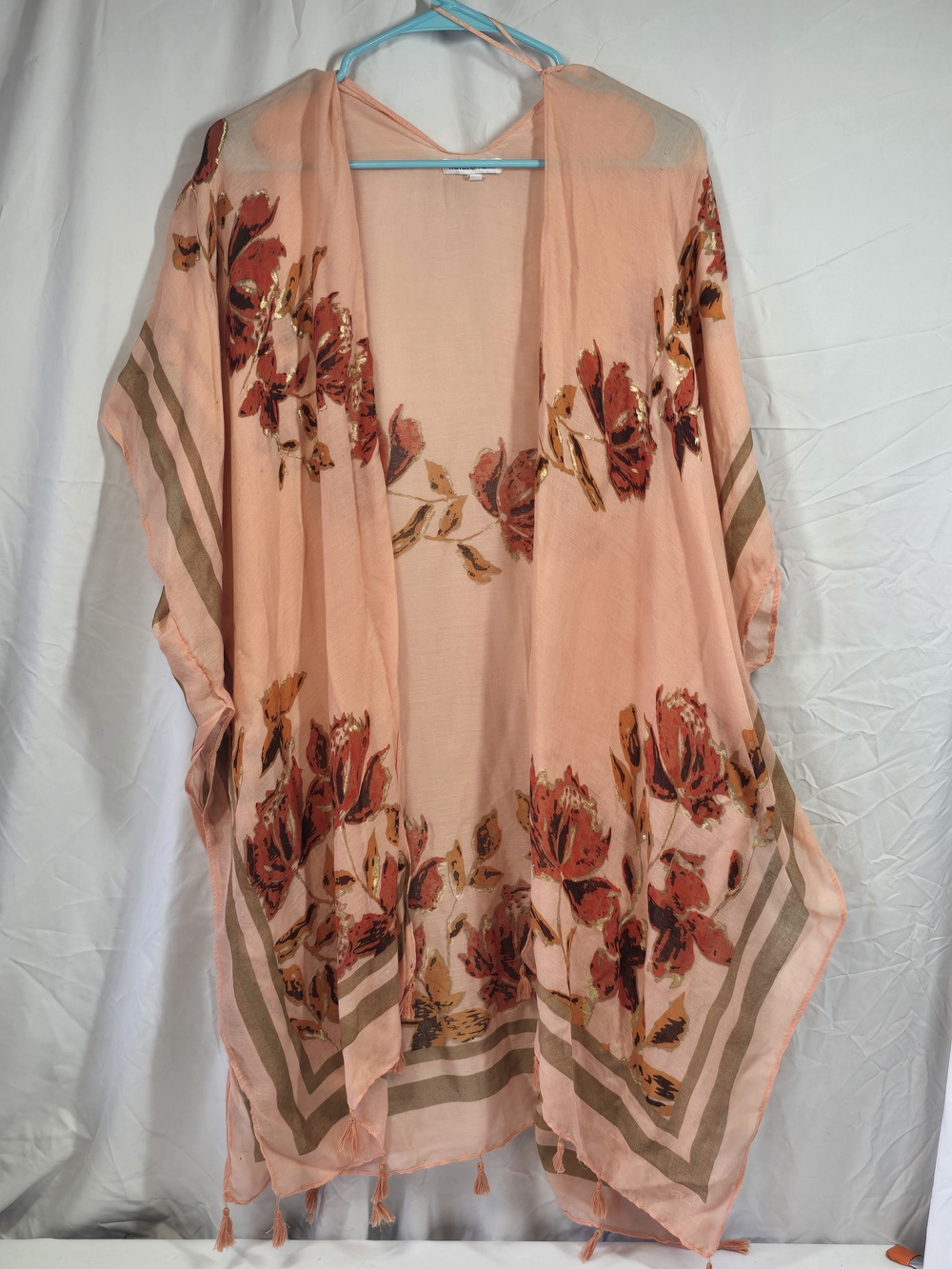 Woven Heart Floral Kimono With Gold Metallic Accents & Tassels